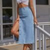 ⁦Summer New Women's Button Pack Hips Denim Skirt Fashion Slim Mid Length Jeans Skirt⁩ - الصورة ⁦6⁩