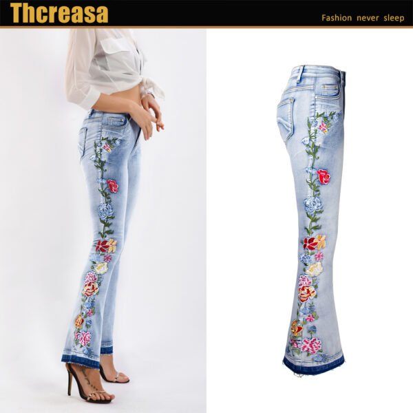 Flared Jeans Women Heavy Industry Three-Dimensional 3D Embroidery Jeans Trousers Flared Pants Large Size Women's Clothing - obrazek 3
