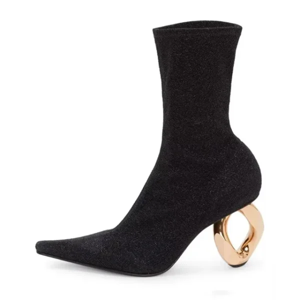 New European and American Metal Shaped High Heels Fashion Pointed Elastic Short Boots Sexy Model Show Large Women's Boots - imagine 8