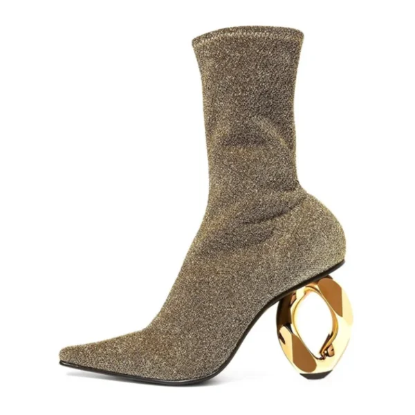 New European and American Metal Shaped High Heels Fashion Pointed Elastic Short Boots Sexy Model Show Large Women's Boots - imagine 2