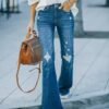 Popular Wash Micro Flare Stretch Ripped Jeans Women Trousers — изображение 3