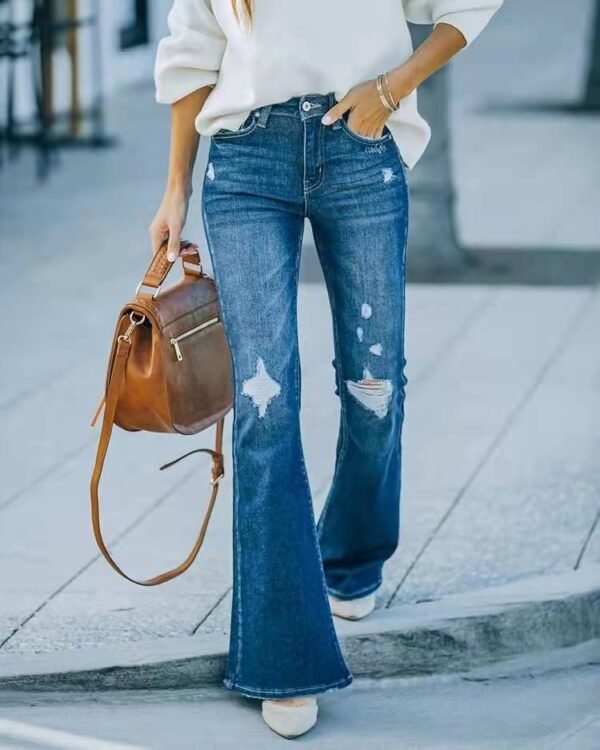 Popular Wash Micro Flare Stretch Ripped Jeans Women Trousers - Image 3
