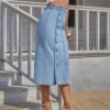 ⁦Summer New Women's Button Pack Hips Denim Skirt Fashion Slim Mid Length Jeans Skirt⁩ - الصورة ⁦2⁩