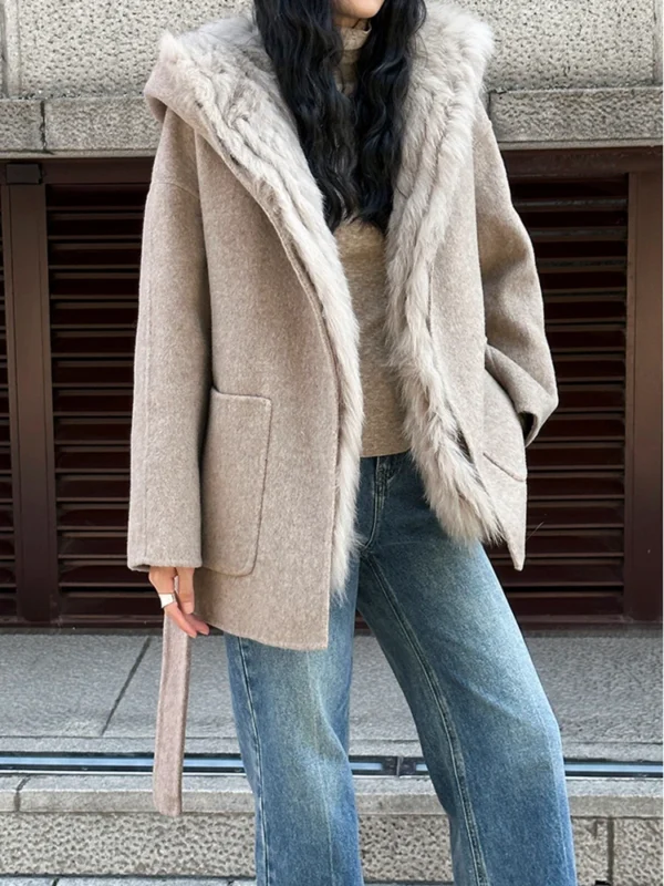 Fashion Women's Fox Fur Grass Inner Bladder Wool Coat Hooded Loose Sashes Solid Color Overcoat Winter New - immagine 4