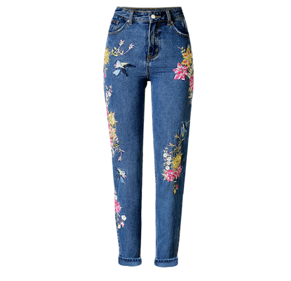 Women's Pop Bird Flower Front and Back Embroidered High Waist Slim Straight Jeans - Afbeelding 5