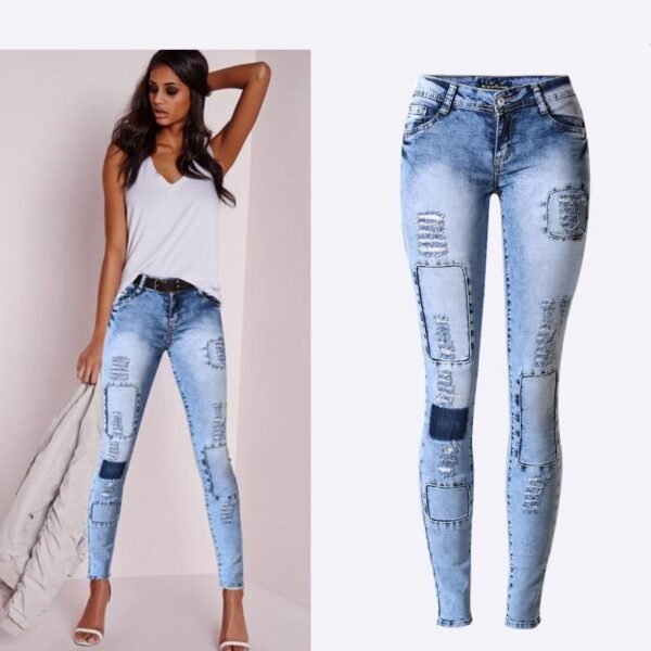 Summer Style Low Waist Sky Blue Patchwork Skinny Tights Women Pencil Jeans High Stretch Sexy Push Up Denim Women Fashion Jeans - Imagen 4