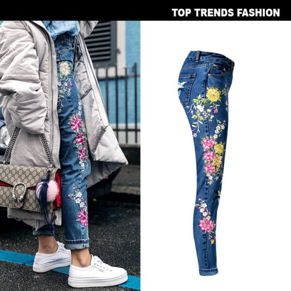 Women's Pop Bird Flower Front and Back Embroidered High Waist Slim Straight Jeans - Afbeelding 2