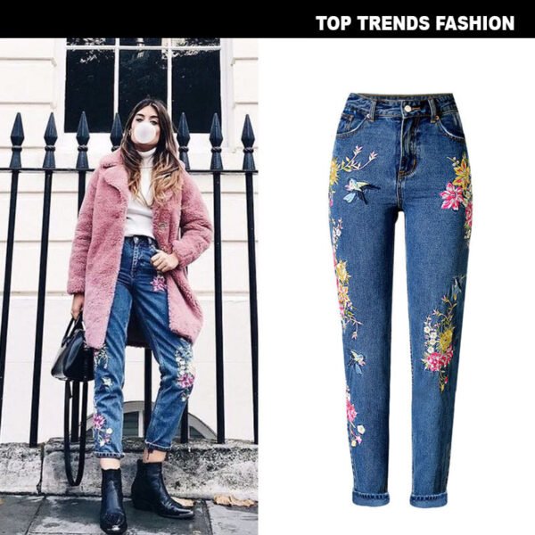 Women's Pop Bird Flower Front and Back Embroidered High Waist Slim Straight Jeans - Afbeelding 4