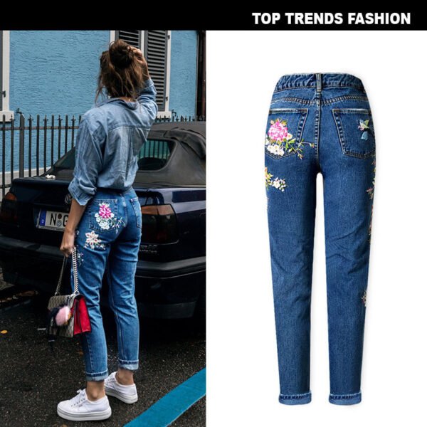 Women's Pop Bird Flower Front and Back Embroidered High Waist Slim Straight Jeans - Afbeelding 3