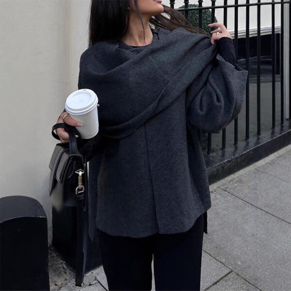 Asymmetric shawl scarf knitted sweater gray long sleeved cardigan - Image 4