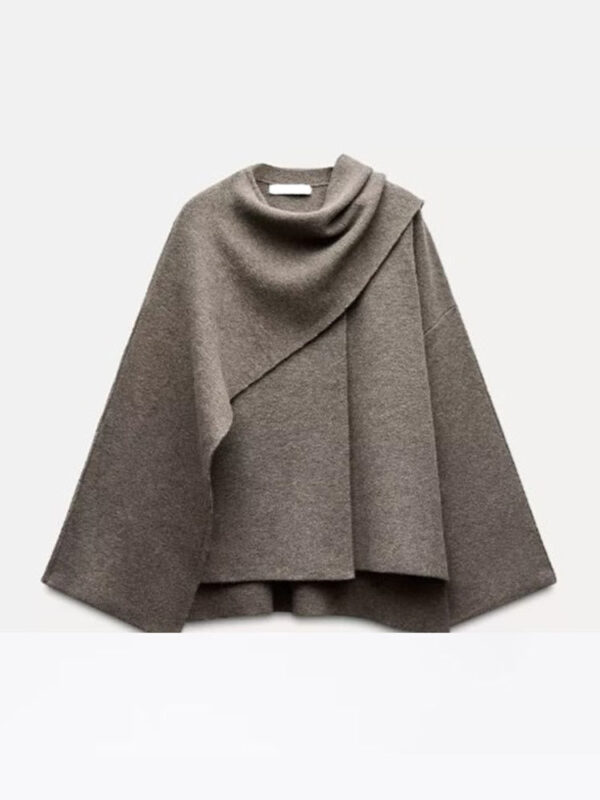Asymmetric shawl scarf knitted sweater gray long sleeved cardigan - Image 6