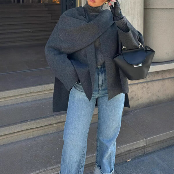 Asymmetric shawl scarf knitted sweater gray long sleeved cardigan - Image 7