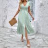 New V-neck slit fresh light green textured dress for women - Image 3