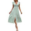 New V-neck slit fresh light green textured dress for women