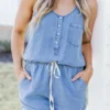 Pocketed Half Button Sleeveless Denim Romper - obrazek 5