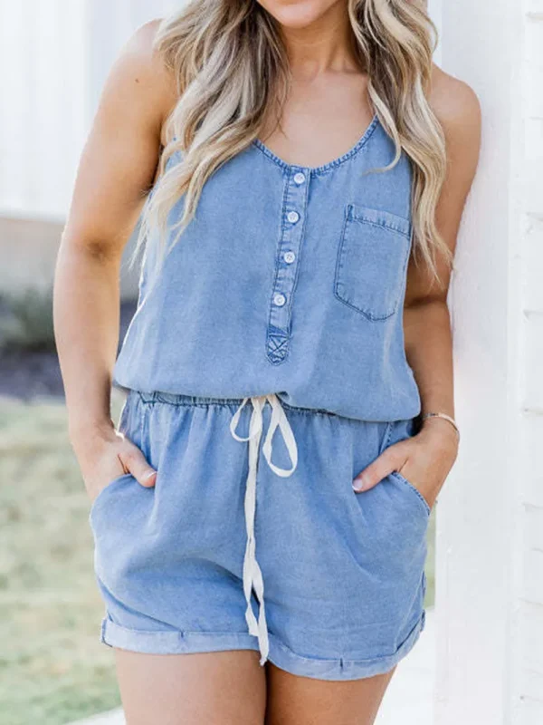 Pocketed Half Button Sleeveless Denim Romper - obrazek 5