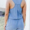 Pocketed Half Button Sleeveless Denim Romper - obrazek 6