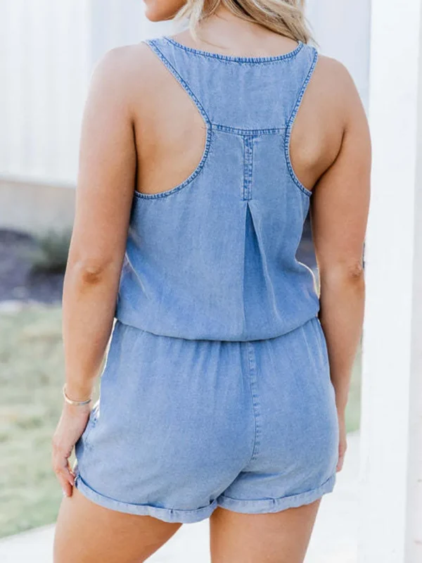 Pocketed Half Button Sleeveless Denim Romper - obrazek 6