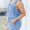 Pocketed Half Button Sleeveless Denim Romper - obrazek 7