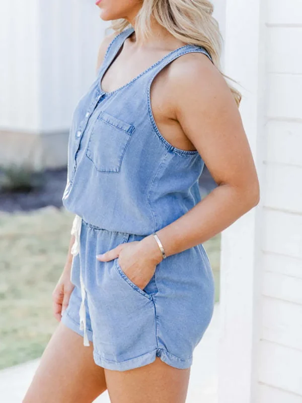 Pocketed Half Button Sleeveless Denim Romper - obrazek 7
